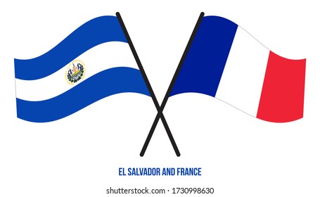 El Salvador and France Flags Crossed And Waving Flat Style. Official Proportion. Correct Colors.