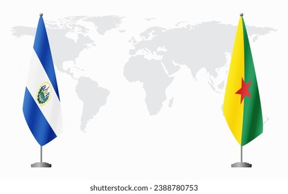 El Salvador and French Guiana flags for official meeting against background of world map.