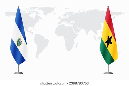 El Salvador and Ghana flags for official meeting against background of world map.