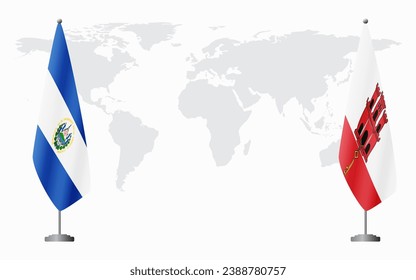 El Salvador and Gibraltar flags for official meeting against background of world map.