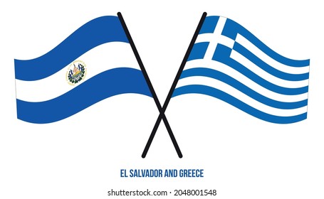 El Salvador and Greece Flags Crossed And Waving Flat Style. Official Proportion. Correct Colors.