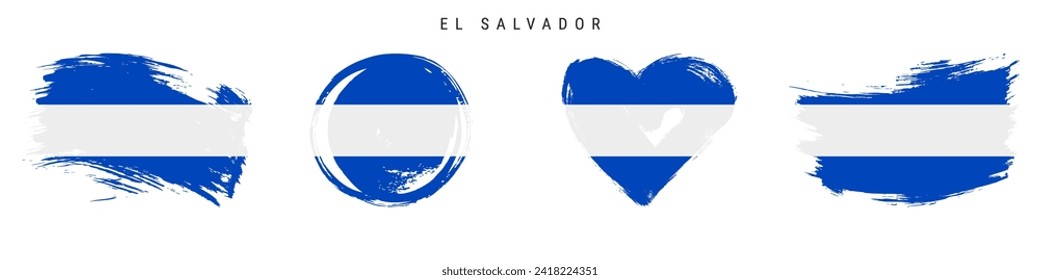 El Salvador hand drawn grunge style flag icon set. Salvadoran banner in official colors. Free brush stroke shape, circle and heart-shaped. Flat vector illustration isolated on white.