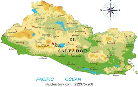 Mapa físico altamente detallado de El Salvador