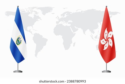 El Salvador and Hong Kong flags for official meeting against background of world map.