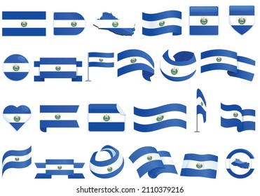 Iconos de El Salvador establecen vector de caricatura. Bandera del país. Cultura de la libertad