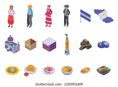 El Salvador icons set isometric vector. Flag country. Freedom culture