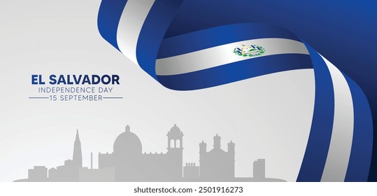 El Salvador Independence Day 15 September waving flag ribbon vector poster