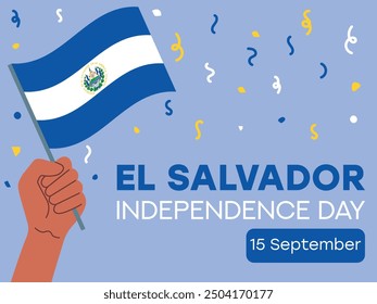 El Salvador independence day 15 September, El Salvador flag in hand. Greeting card, poster, banner template	