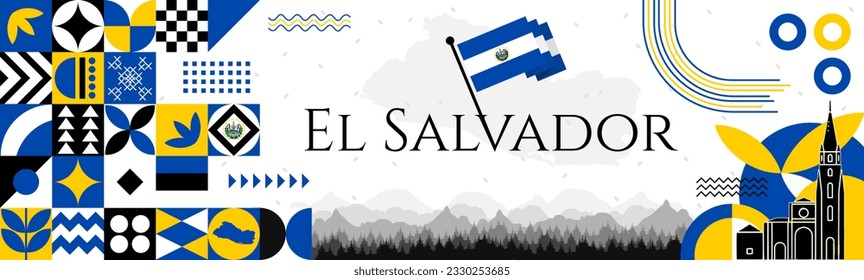 El Salvador Independence Day abstract banner design with flag and map. Flag color theme geometric pattern retro modern Illustration design. Blue and Yellow flag color template.