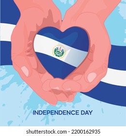 El Salvador independence day concept. Patriotic concept of love to the nation. Vector illustration of two hands united with a heart between them and the El Salvador flag inside. 