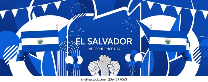 El Salvador Independence Day design banner with rising hand and El Salvador flag. Happy El Salvador National Day on 15 September. Attractive poster for ads, tourism and travel. Holiday concept