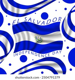 El Salvador Independence Day event banner. Fluttering El Salvador flag with ribbons and dots decoration on white background to celebrate on September 15th