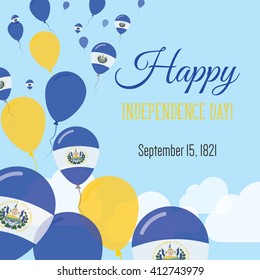 El Salvador Independence Day Greeting Card. Flying Flat Balloons In National Colors of El Salvador. Happy Independence Day Vector Illustration. Salvadoran Flag Balloons.