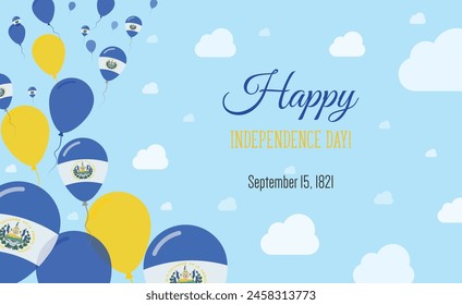 El Salvador Independence Day Sparkling Patriotic Poster. Row of Balloons in Colors of the Salvadoran Flag. Greeting Card with National Flags, Blue Skyes and Clouds.