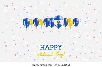 El Salvador Independence Day Sparkling Patriotic Poster. Row of Balloons in Colors of the Salvadoran Flag. Greeting Card with National Flags, Confetti and Stars.