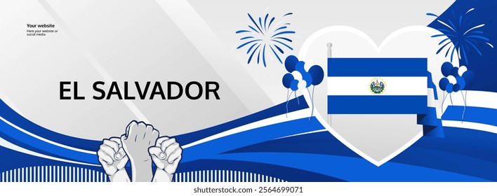 El Salvador Independence Day template design with heart symbol in flag color theme. Modern abstract art for Independence spirit, perfect for National Day poster or banner