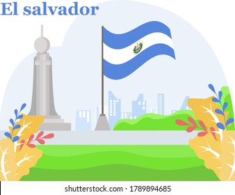 El Salvador Independence Day vector concept: Monumento al Divino Salvador del Mundo besides El Salvador national flag at the hills