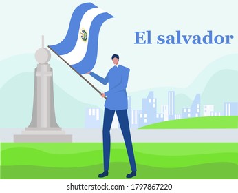 El Salvador Independence Day vector concept: man waving El Salvador national flag happily near Monumento al Divino Salvador del Mundo