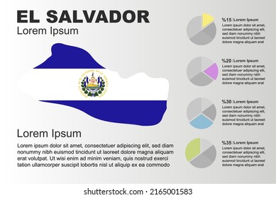 El Salvador infographic general use vector template with pie chart, copy space statistics idea, El Salvador country flag map with graphic, presentation idea, blank area graph for data, grey background