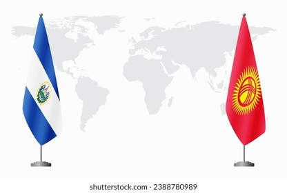 El Salvador and Kyrgyzstan flags for official meeting against background of world map.