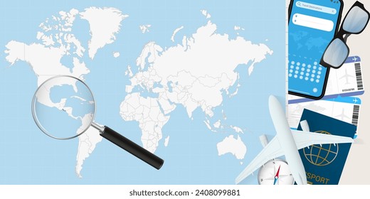 El Salvador is magnified over a World Map, illustration with airplane, passport, boarding pass, compass and eyeglasses. Vector illustration.