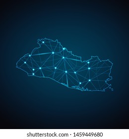 El Salvador Map - Abstract geometric mesh polygonal network line, structure and point scales on dark background with lights in the form of cities. Vector illustration eps 10.