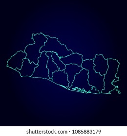 El Salvador map: blue glitter outline with sparkling stars on dark background. Detailed map of El Salvador. Vector illustration.