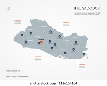 El Salvador map with borders, cities, capital San Salvador and administrative divisions. Infographic vector map. Editable layers clearly labeled.