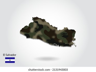 el Salvador map with camouflage pattern, Forest - green texture in map. Military concept for army, soldier and war. coat of arms, flag.