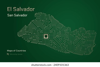 El Salvador, Map with a capital of San Salvador Shown in a Microchip Pattern. E-government. World Countries vector maps. Microchip Series	