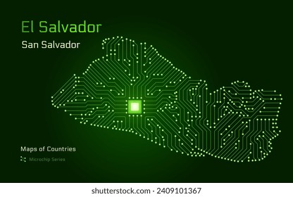 El Salvador, Map with a capital of San Salvador Shown in a Microchip Pattern. E-government. World Countries vector maps. Microchip Series	