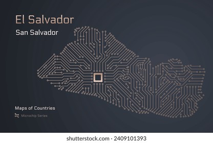 El Salvador, Map with a capital of San Salvador Shown in a Microchip Pattern. E-government. World Countries vector maps. Microchip Series	