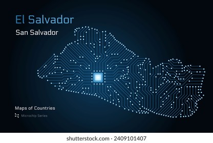 El Salvador, Map with a capital of San Salvador Shown in a Microchip Pattern. E-government. World Countries vector maps. Microchip Series	