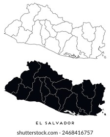 El Salvador map of city regions districts vector black on white and outline