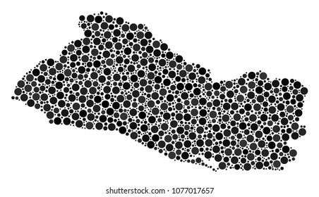 El Salvador Map collage of filled circles in variable sizes. Randomized round dots are united into El Salvador Map composition. Vector geographic map design concept.