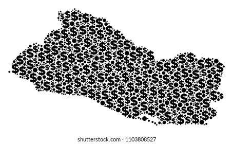 El Salvador map collage of money signs and sphere spots in variable sizes. Abstract vector economics and GDP El Salvador map.