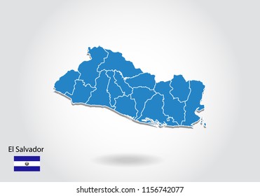 el Salvador map design with 3D style. Blue el Salvador map and National flag. Simple vector map with contour, shape, outline, on white.