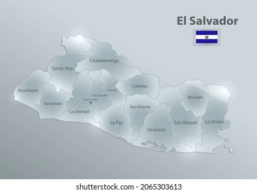 El Salvador map and flag, administrative division, separates regions and names, design glass card 3D vector