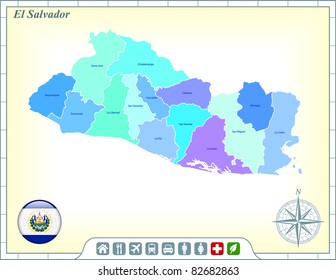 Mapa de El Salvador con botones de bandera y asistencia y activa iconos Ilustración original
