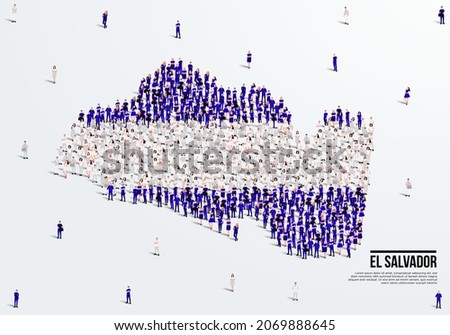 El Salvador Map and Flag. A large group of people in the El Salvador flag color form to create the map. Vector Illustration.