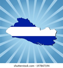 El Salvador map flag on blue sunburst illustration