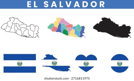 Mapa de El Salvador e coleção de vetores de bandeiras.