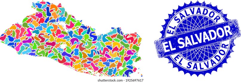 El Salvador map flat illustration. Splash mosaic map and distressed seal for El Salvador. Sharp rosette blue stamp seal with caption for El Salvador map.