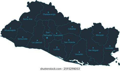 El Salvador map high detailed with administrative divide by state, capital cities names, outline simplicity style. Vector illustration EPS10.