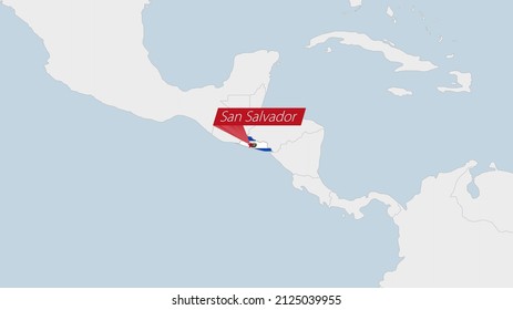 El Salvador map highlighted in El Salvador flag colors and pin of country capital San Salvador, map with neighboring American countries.