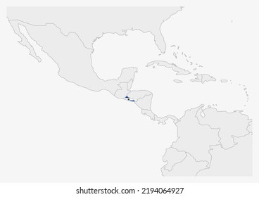 Mapa de El Salvador resaltado en los colores de la bandera de El Salvador, mapa gris con los países vecinos.
