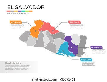 El Salvador map infographics vector template with regions and pointer marks