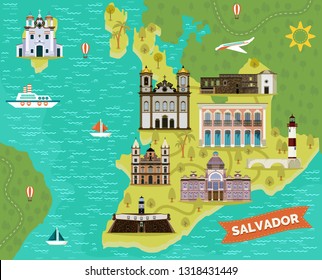 El Salvador map with landmarks. Bale Folclorico da Bahia folk dance and music building, Praia da Barra lighthouse, Church of Nosso Senhor do Bonfim and Tower House of Garcia d'Avila. Sightseeing