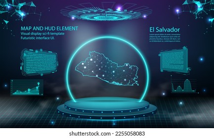 el Salvador map light connecting effect background. abstract digital technology UI, GUI, futuristic HUD Virtual Interface with el Salvador map. Stage futuristic podium in fog.