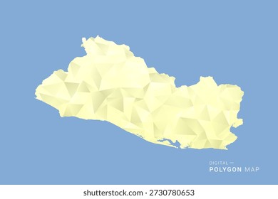 Mapa de El Salvador en estilo de Vector de polígono bajo, ilustración de forma geométrica con tonos amarillos suaves sobre fondo azul, silueta limpia para infografía.